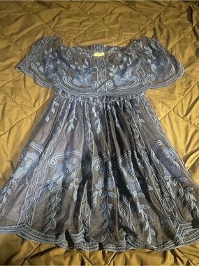 Off-Shoulder Embroidered Formal Dress in Slate Blue